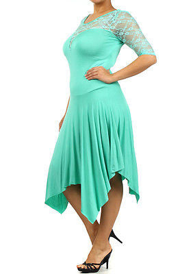 Plus Dress Lace Sweetheart Sexy Solid 3/4 Sleeve Asymmetrical Mint New