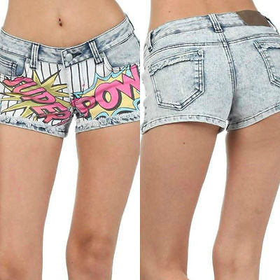 Shorts Mini Denim S M L Super Pow Comic Cartoon Faded Printed Stretch New