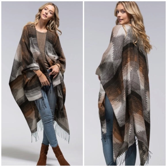 Cocoa Western Print Tassel Ruana Knit Fall Autumn Bohemian Boho Style Wrap