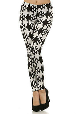 Leggings Geometric Gray Black Full Long Length Stretch Skinny New Womens