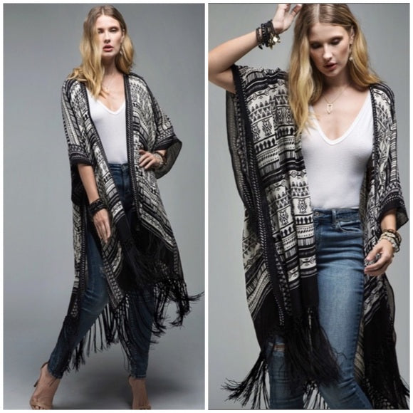 Black Ethnic Tribal Print Tassel Fringe Kimono Coverup Open Wrap Casual Women's