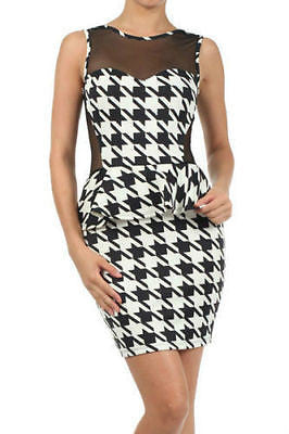 Houndstooth Dress Cocktail Peplum Ruffle Sheer Mesh Sleeveless Mini Party