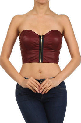 Faux Leather Crop Bustier Strapless Zipper Club Sexy Sweetheart