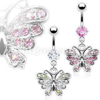 Prong Set Gem CZ Cubic Zirconia Iridescent Silver Butterfly Navel Ring