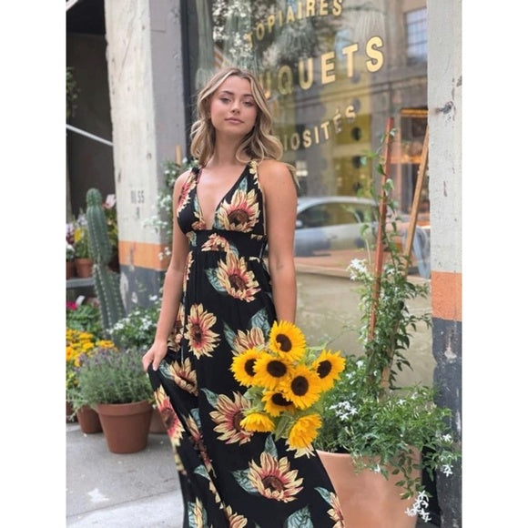 Black Sunflower Halter Double Strap Long Full Length Maxi Dress Spring Summer