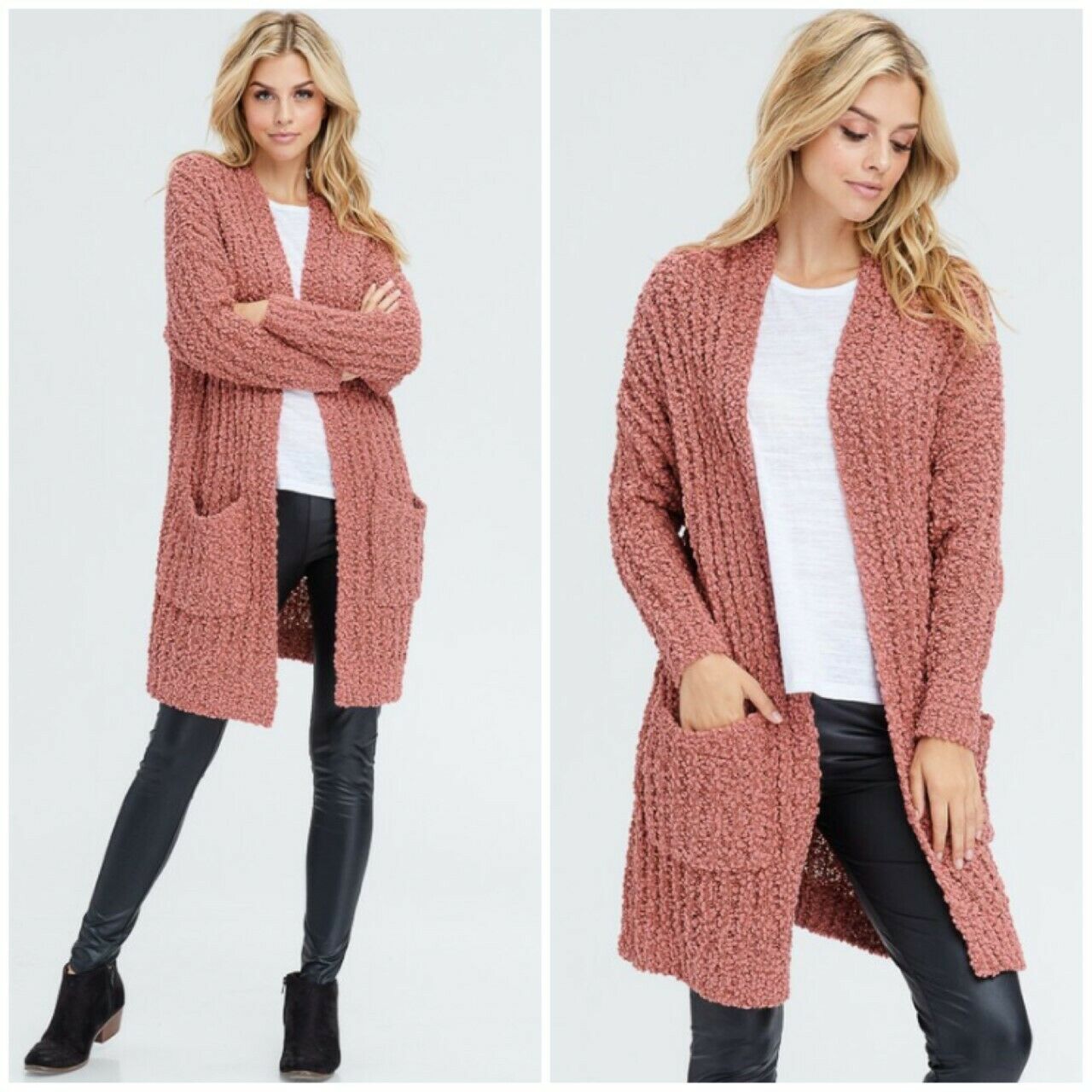 Mauve Soft Knit Solid Long Cardigan W/ Pockets Womens