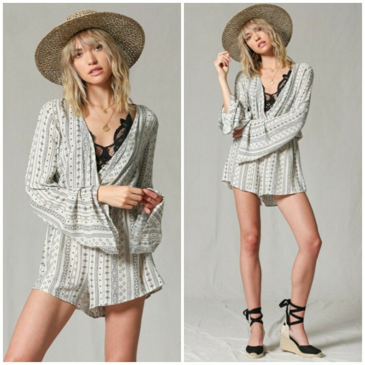 Cross Wrap Front V Neck Long Sleeve Boho Romper Womens Casual S M L