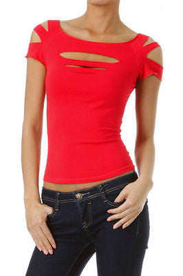 Short Sleeve Top Solid Slashed Laser Cut Keyhole Stretchy Tight Club