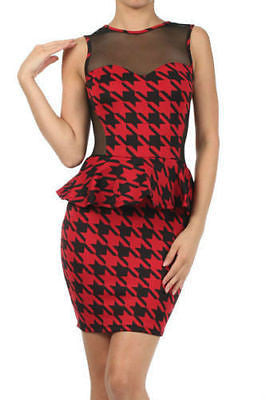 Houndstooth Dress Cocktail Peplum Ruffle Sheer Mesh Sleeveless Mini Party