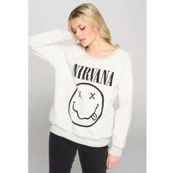 Cream Gray Heathered Nirvana Smiley Face Band Graphic Sweatshirt Casual Women's