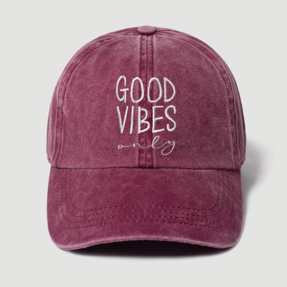 Burgundy Vintage Washed Good Vibes Only Women's Baseball Cap Casual Hat