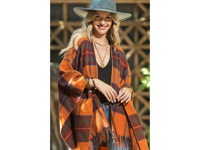 Amber Glow Plaid Fringe Accent Knit Fall Winter Ruana Wrap Open Poncho