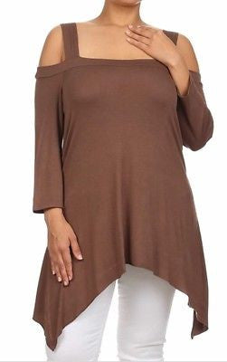 Plus Top Cold Open Shoulder Size Solid Asymmetrical Tunic Women Sexy