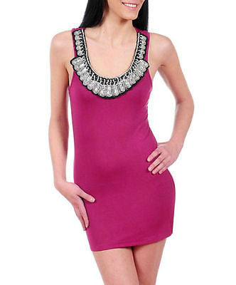 Dress Mini Beaded Jewel Scoop Neckline Magenta Stretch Bodycon Sexy