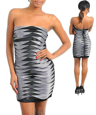 Dress Cocktail Sexy Gray Black Strapless Layered Sateen Satin Ruffle