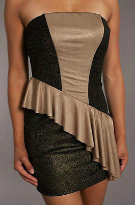 Womens Peplum Ruffle Mini Dress Sexy Gold Black Shimmer Strapless