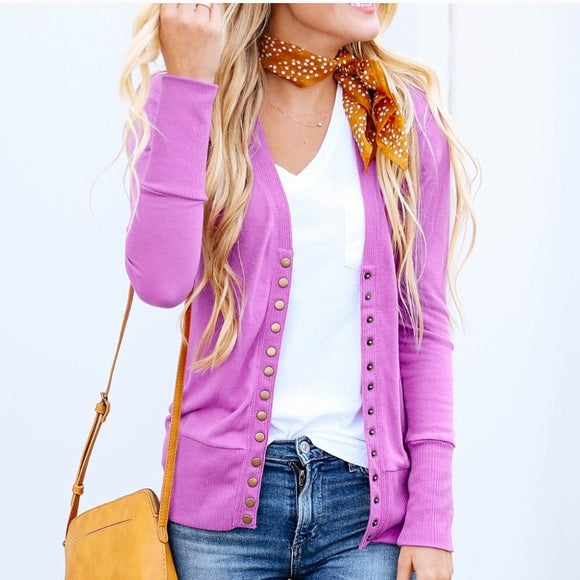 Dark Mauve Snap Button Cardigan Ribbed Sweater