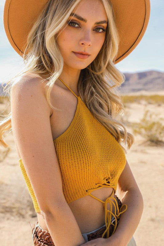 Mustard Yellow Knit Boho Lace Up Halter Bralette