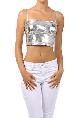 Crop Top Tank Shiny Black Metallic Liquid Leather Corset Style Sexy Club