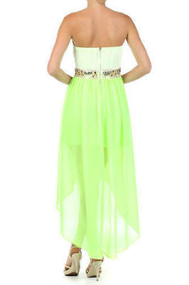 Dress Hi Lo Hem Neon Duo Tone Strapless Chiffon Sequin Beaded Cocktail