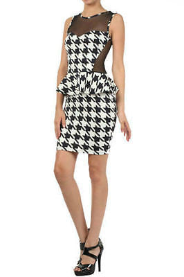 Houndstooth Dress Cocktail Peplum Ruffle Sheer Mesh Sleeveless Mini Party