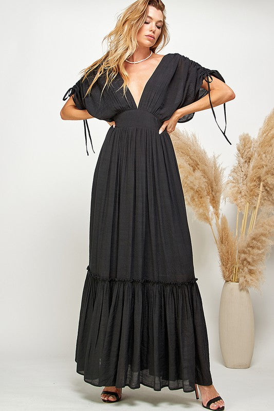 Black Ruffled & Tiered Plunge Neck Maxi Dress