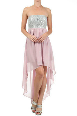 Dress Cocktail Hi Low Hem Sheer Chiffon Strapless Sequin Silver Party