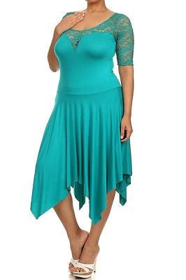 Plus Dress Lace Sweetheart Sexy Solid 3/4 Sleeve Asymmetrical Jade New