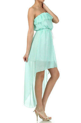 Dress Sheer Chiffon Hi Low Hem Checkered Flounce Strapless Summer Mint