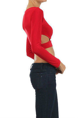 Top Midriff Crop Cut Outs Exposed Solid Blue Red Long Sleeve Sexy Hot