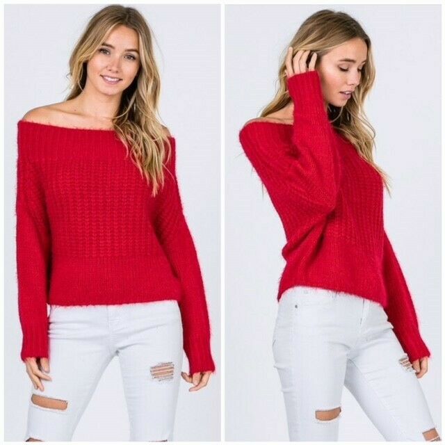 Red Off Shoulder Knit Long Sleeve Sweater Womens Casual