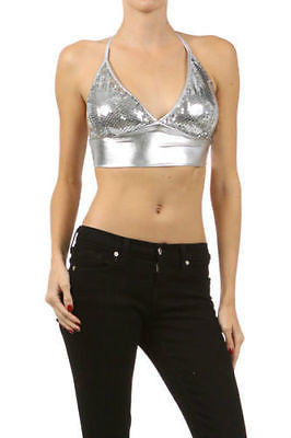 Womens Crop Top Sequin Shiny Metallic Lame Sparkling Sexy Club