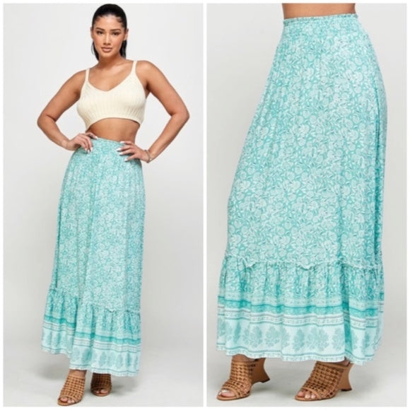 Green Tea Floral Gypsy Boho Bohemian Border Full Length Ruffle Casual Maxi Skirt