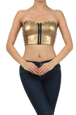 Bandeau Top Metallic Studded Faux Leather Black Silver Zipper Top Sexy