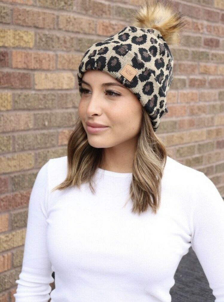 Leopard Animal Print Knit Pompom Winter Beanie Womens One Size