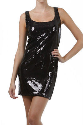 Dress Cocktail Mini Club Black Sequin Sheath Sparkling Scoop Neck Party