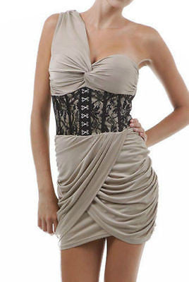 Dress One Shoulder Cocktail Corset Lace Jersey Shore Snooki Mini Taupe