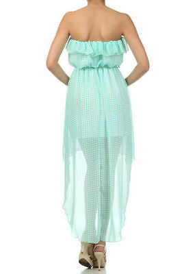 Dress Sheer Chiffon Hi Low Hem Checkered Flounce Strapless Summer Mint