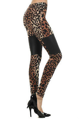 Leggings Leopard Faux Leather Panel High Waist Print Womens