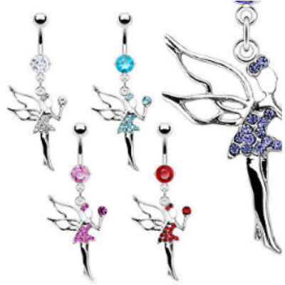 Silver Prong Set Navel Belly Ring Gem Fairy Dangle