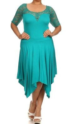 Plus Dress Size 3/4 Lace Sleeve Asymmetrical Sexy Women New Casual
