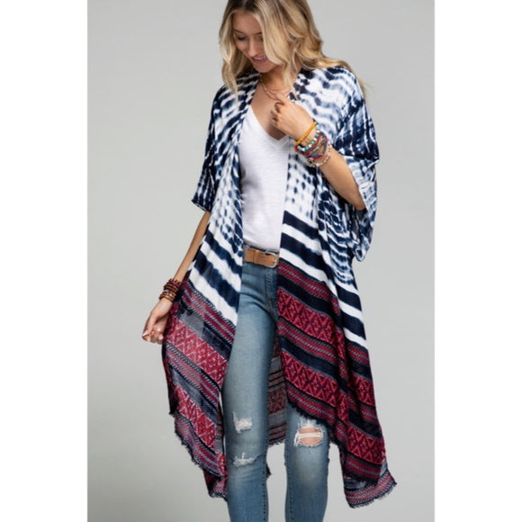 Indigo Tie Dye Jacquard Ethnic Boho Bohemian Motif Open Kimono Wrap Coverup