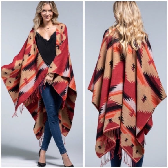 Red Rock Western Ethnic Oversized Knit Ruana Fringe Wrap Open Poncho Fall Casual