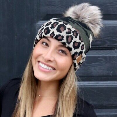 Camo & Leopard Fleece Lined Faux Fur Pom Winter Beanie Hat Womens