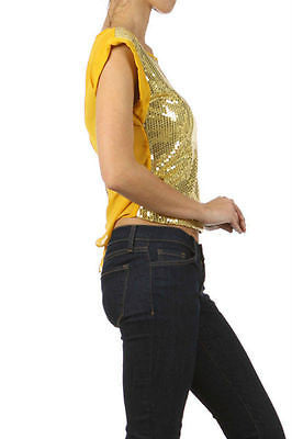 Sequin Gold Top Chiffon Trim See Thru Back Tie Cap Sleeve Club Blouse