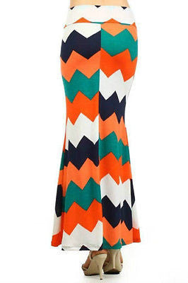 Skirt Maxi Full Length Chevron Summer High Waist Stretch Zig Zag Casual