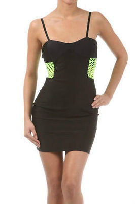 Dress Bodycon Black Sateen Stretch Mini Hot Pink Fishnet Mesh Panel Club