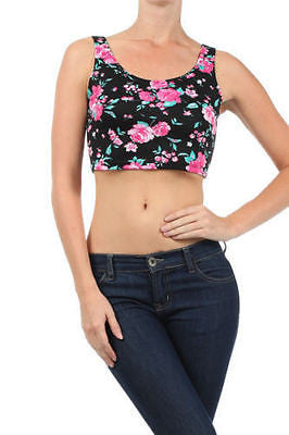 Crop Top Floral Beige Pink Shirt Scoop Neckline Belly Knit Stretch