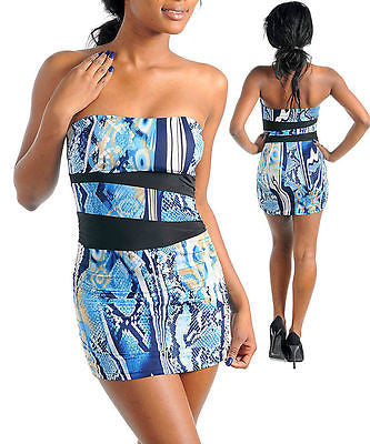 Dress Mini Sexy Stretch Strapless Blue Animal Snake Printed Club