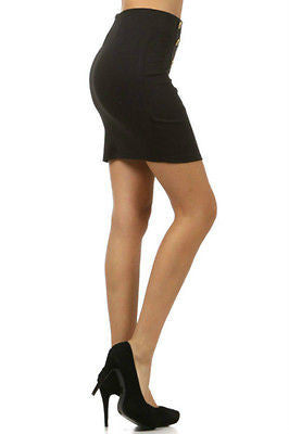 Military Button Skirt Mini Ponte Stretch Black Blue Ivory Pink Sexy